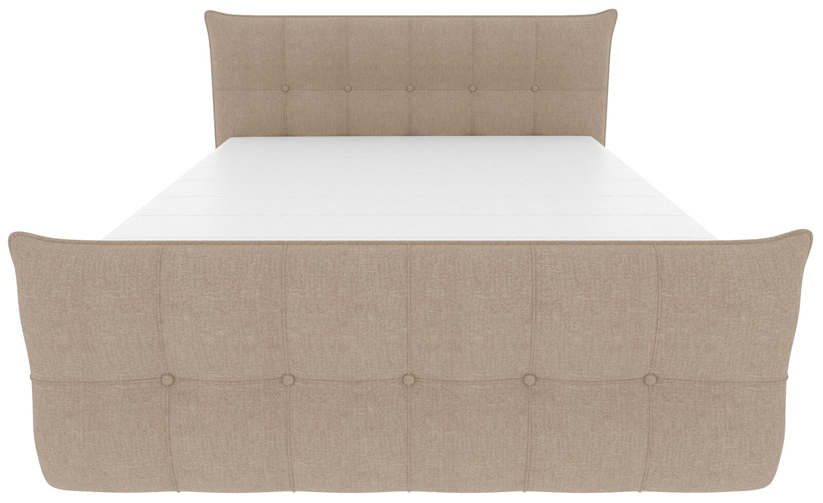 Beiges, gepolstertes Polsterbett mit hoher, leicht geschwungener Kopf- und Fußteillehne in Knopfheftung, Frontansicht.
