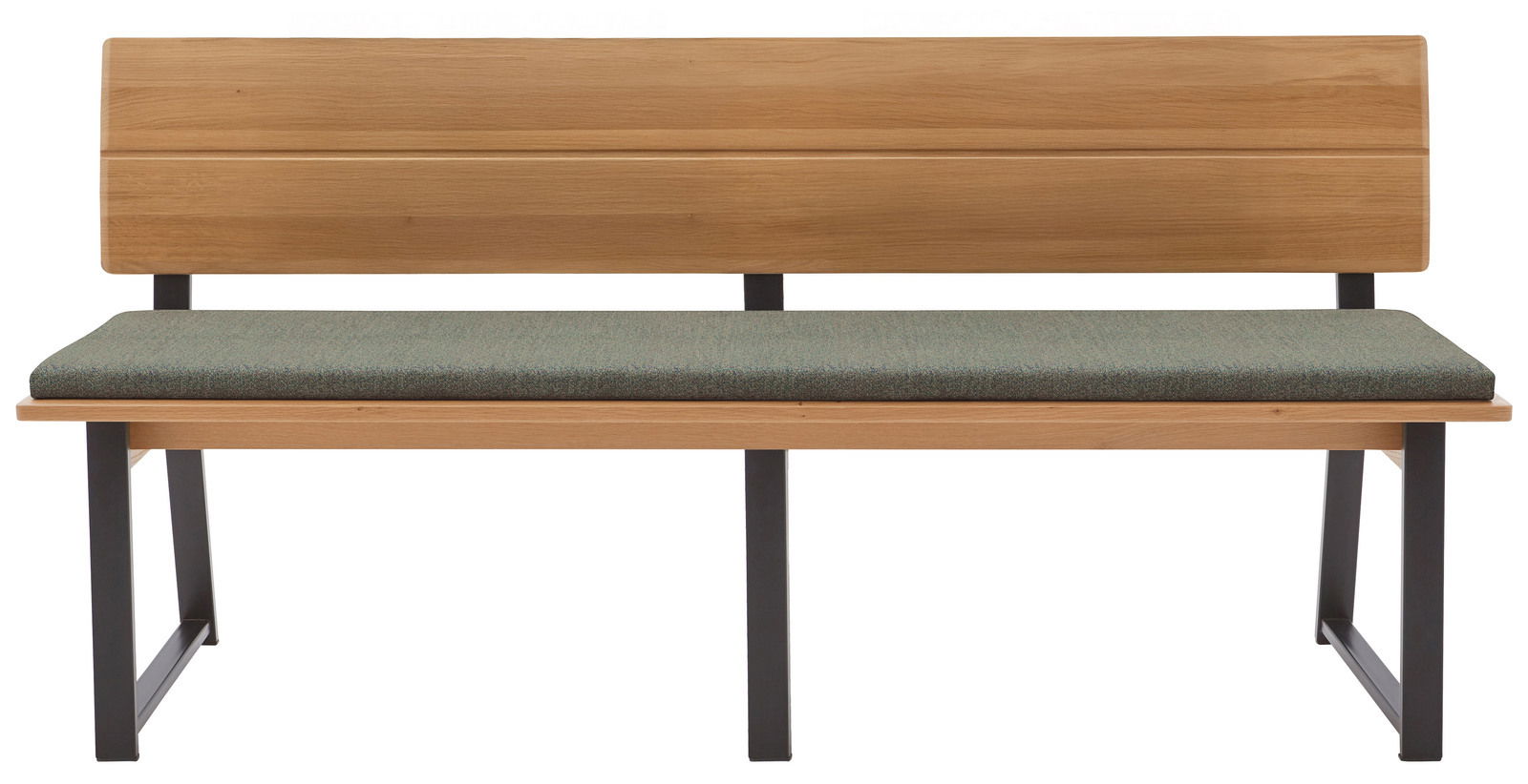 Holzbank mit gepolsterter Sitzfläche, Vorderansicht