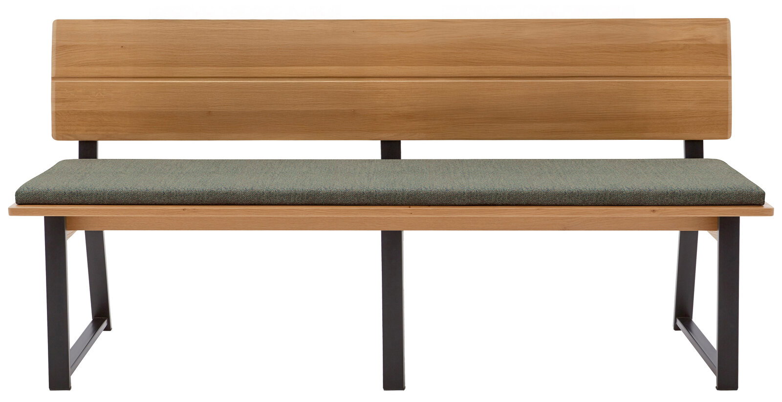 Holzbank mit gepolsterter Sitzfläche, Vorderansicht