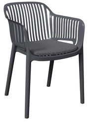 Moderner grauer Stapelsessel mit Armlehnen und Sitzkissen, seitliche Perspektive