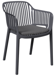 Moderner grauer Stapelsessel mit Armlehnen und Sitzkissen, seitliche Perspektive