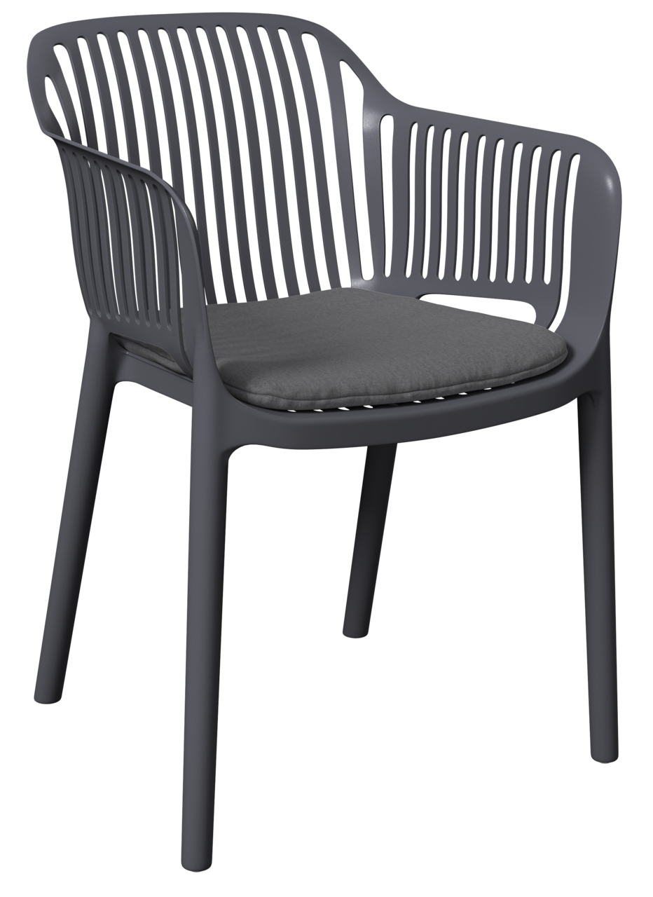 Moderner grauer Stapelsessel mit Armlehnen und Sitzkissen, seitliche Perspektive