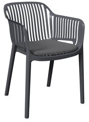 Moderner grauer Stapelsessel mit Armlehnen und Sitzkissen, seitliche Perspektive