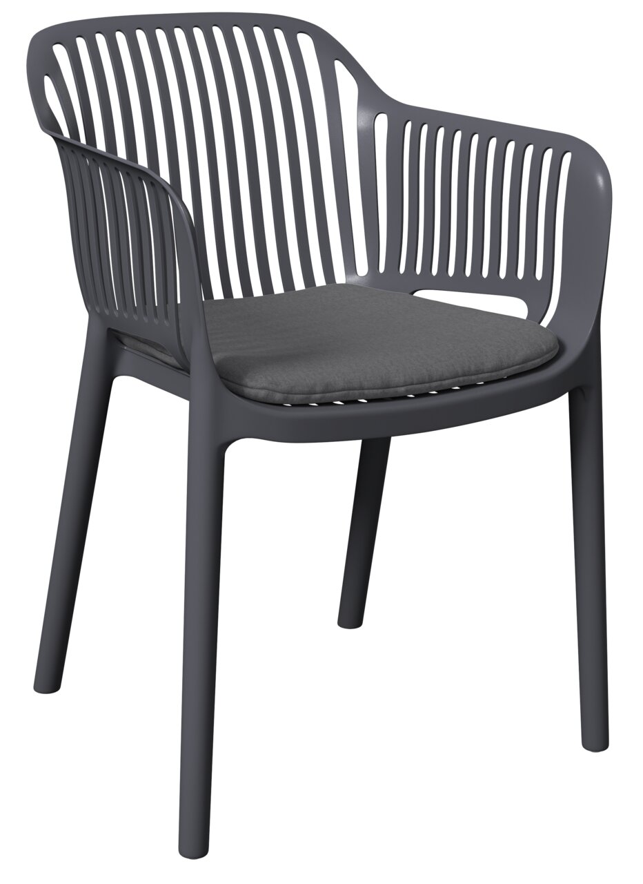 Moderner grauer Stapelsessel mit Armlehnen und Sitzkissen, seitliche Perspektive