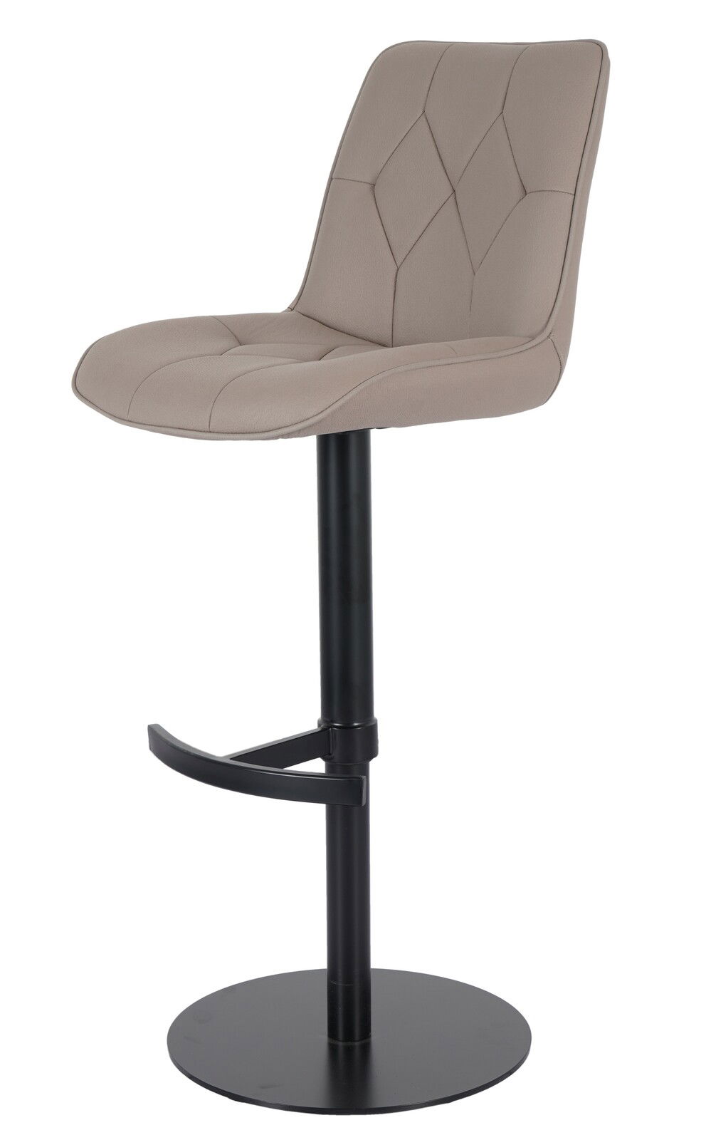 Moderner Barhocker mit gepolsterter Sitzfläche in Beige und schwarzem Metallgestell, seitliche Perspektive