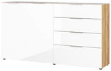 XL-Sideboard in moderner Frontansicht mit weißen Hochglanzfronten und Holzseiten