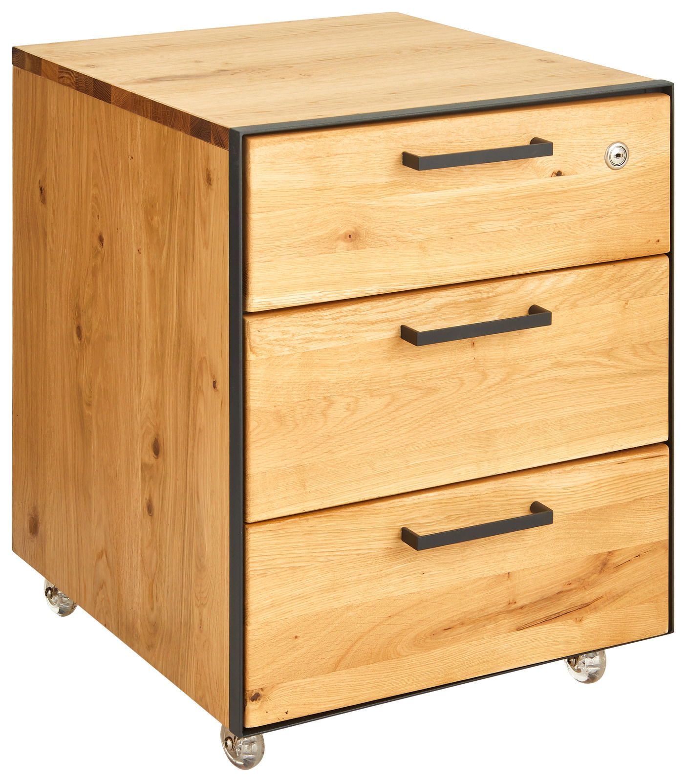 Linea Natura Rollcontainer ADMIRAL Rollcontainer aus Holz mit drei Schubladen und Rollen, seitliche Perspektive