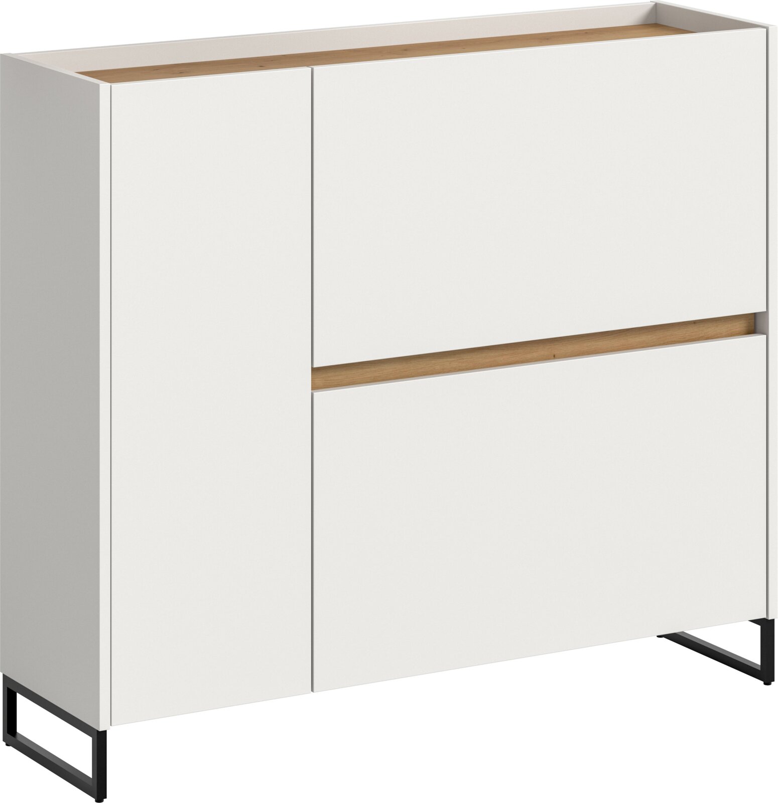 MID.YOU Schuhkommode DRIVE Modernes Sideboard in Weiß mit Holz-Akzenten und schwarzem Metallgestell, Frontansicht leicht schräg von rechts