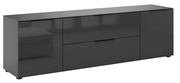 Modernes TV-Lowboard in dunklem Hochglanz mit zwei Türen und Schubladen, seitliche Perspektive