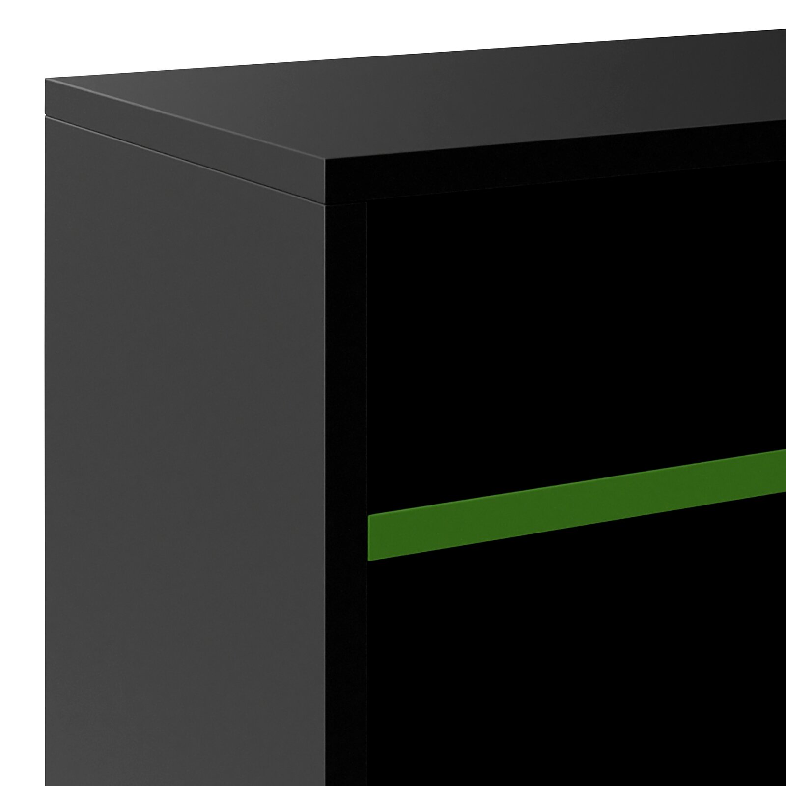 Schwarze, matte, rechteckige Produktbox/Verpackung mit grünem Streifen, aus schräger Vorderansicht (3/4-Perspektive)