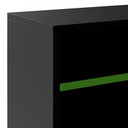 Schwarze, matte, rechteckige Produktbox/Verpackung mit grünem Streifen, aus schräger Vorderansicht (3/4-Perspektive)