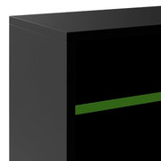 Schwarze, matte, rechteckige Produktbox/Verpackung mit grünem Streifen, aus schräger Vorderansicht (3/4-Perspektive)