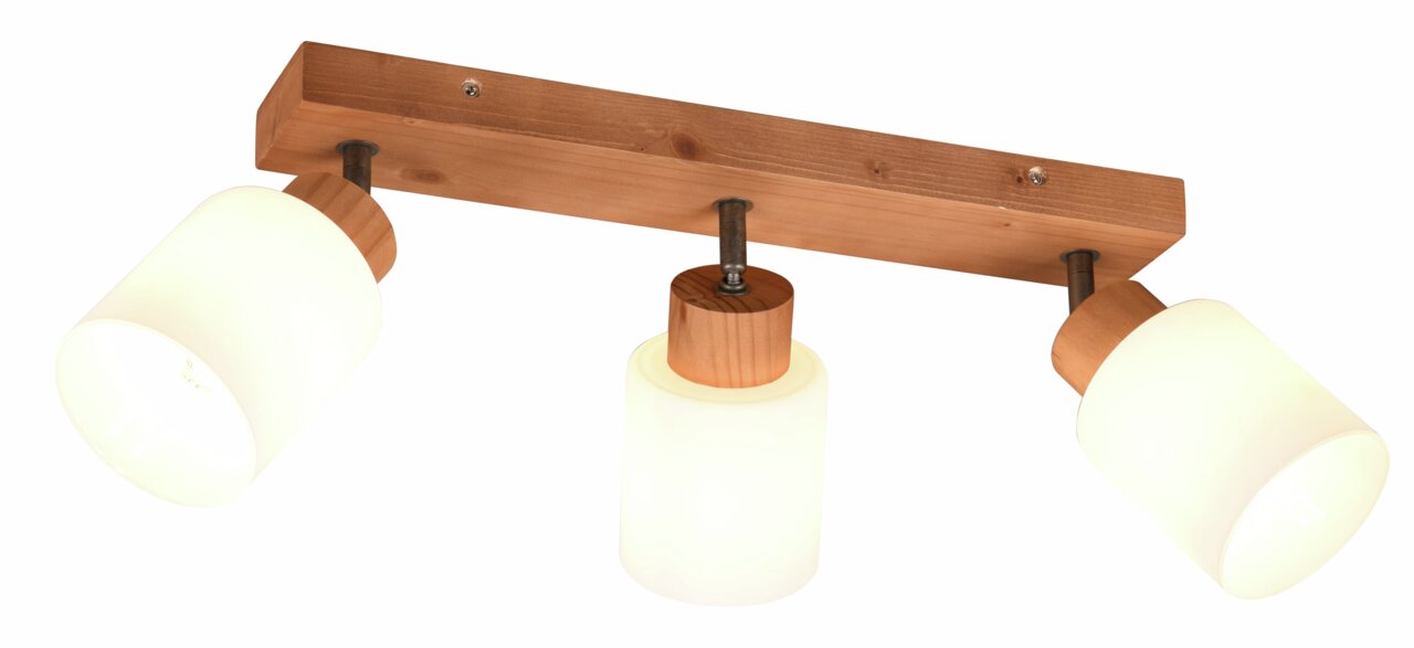 Dreifacher Deckenstrahler Assam aus Holz und Metall mit weißen Lampenschirmen, seitliche Perspektive