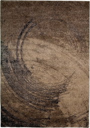 Abstrakter Teppich in Braun- und Beigetönen mit kreisförmigen, dunklen Pinselstrich-Motiven, Draufsicht auf das Produkt