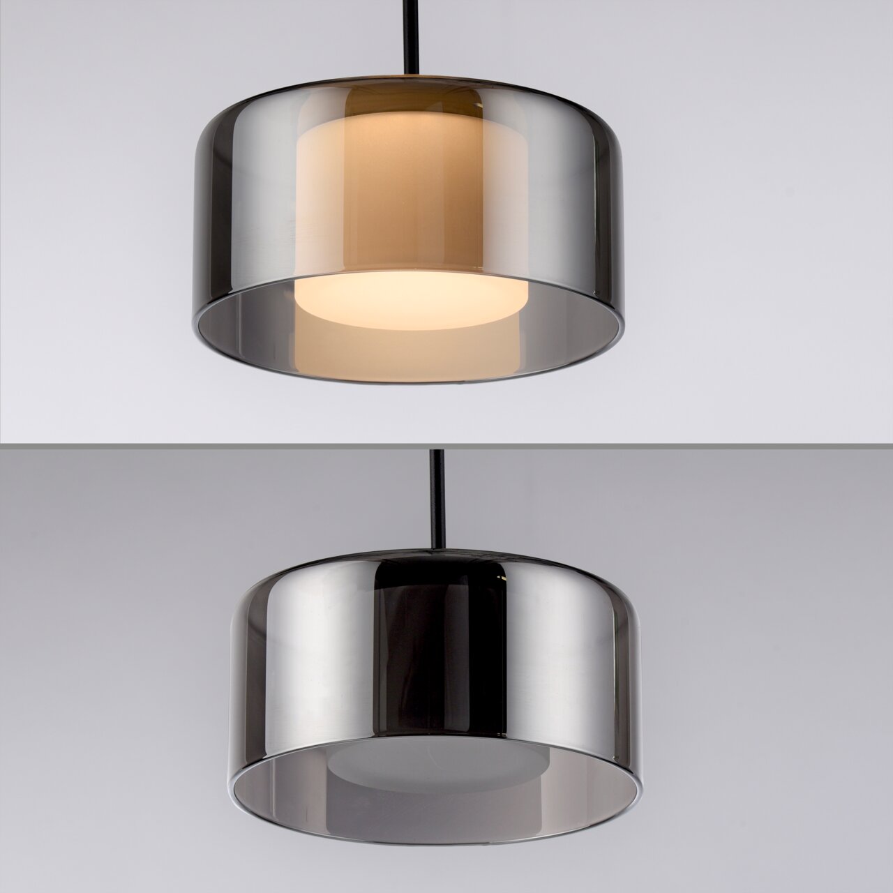 Moderne Pendelleuchte RIKA von Paul Neuhaus mit rauchgrauem Glasschirm, seitliche Perspektive