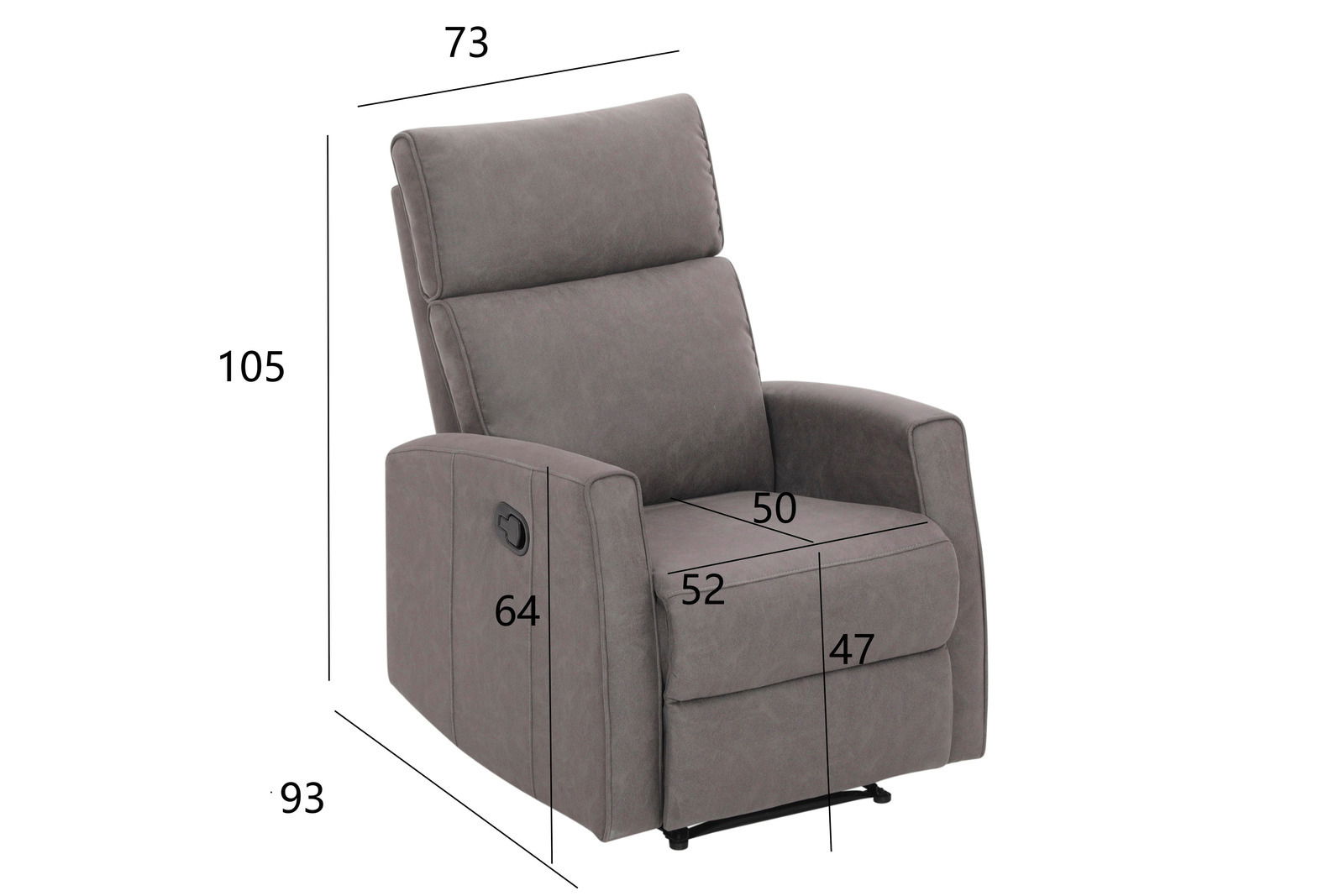 Grauer Sessel mit verstellbarer Rückenlehne, seitlicher Hebel und Abmessungen in der Seitenansicht.