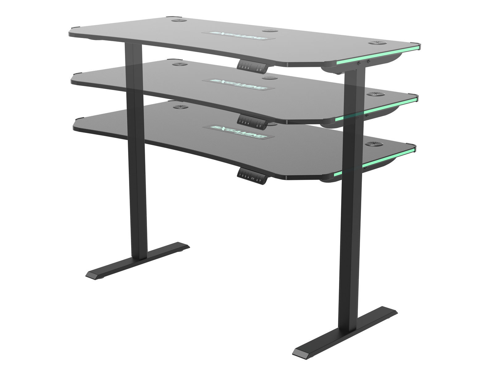 E-Gaming Tisch mit höhenverstellbarer Funktion, seitliche Perspektive
