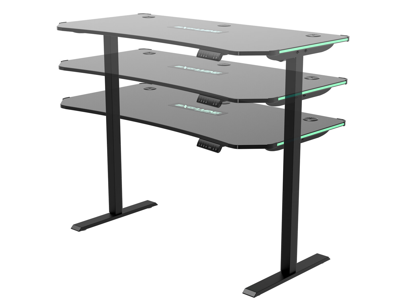 E-Gaming Tisch mit höhenverstellbarer Funktion, seitliche Perspektive