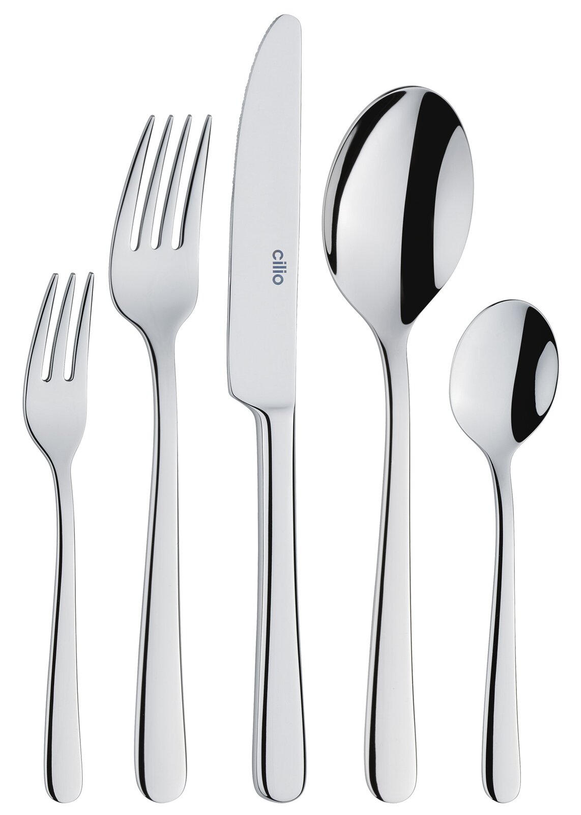 Elegantes Besteck-Set aus Edelstahl, bestehend aus Gabel, Messer, Esslöffel, Teelöffel und Kuchengabel, in Frontalansicht.