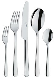 Elegantes Besteck-Set aus Edelstahl, bestehend aus Gabel, Messer, Esslöffel, Teelöffel und Kuchengabel, in Frontalansicht.