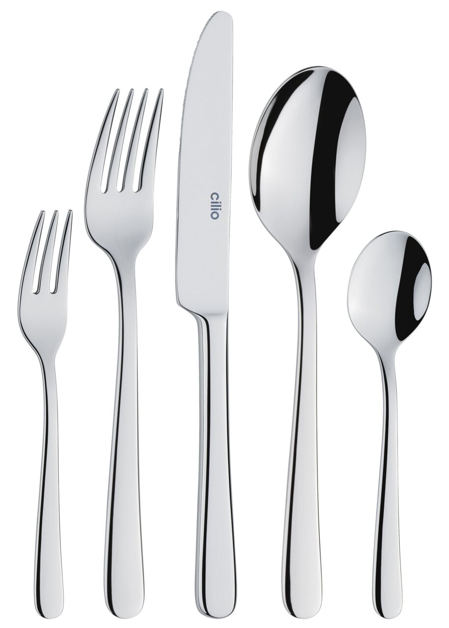 Cilio Besteck-Set 30-tlg. ROMA Elegantes Besteck-Set aus Edelstahl, bestehend aus Gabel, Messer, Esslöffel, Teelöffel und Kuchengabel, in Frontalansicht.