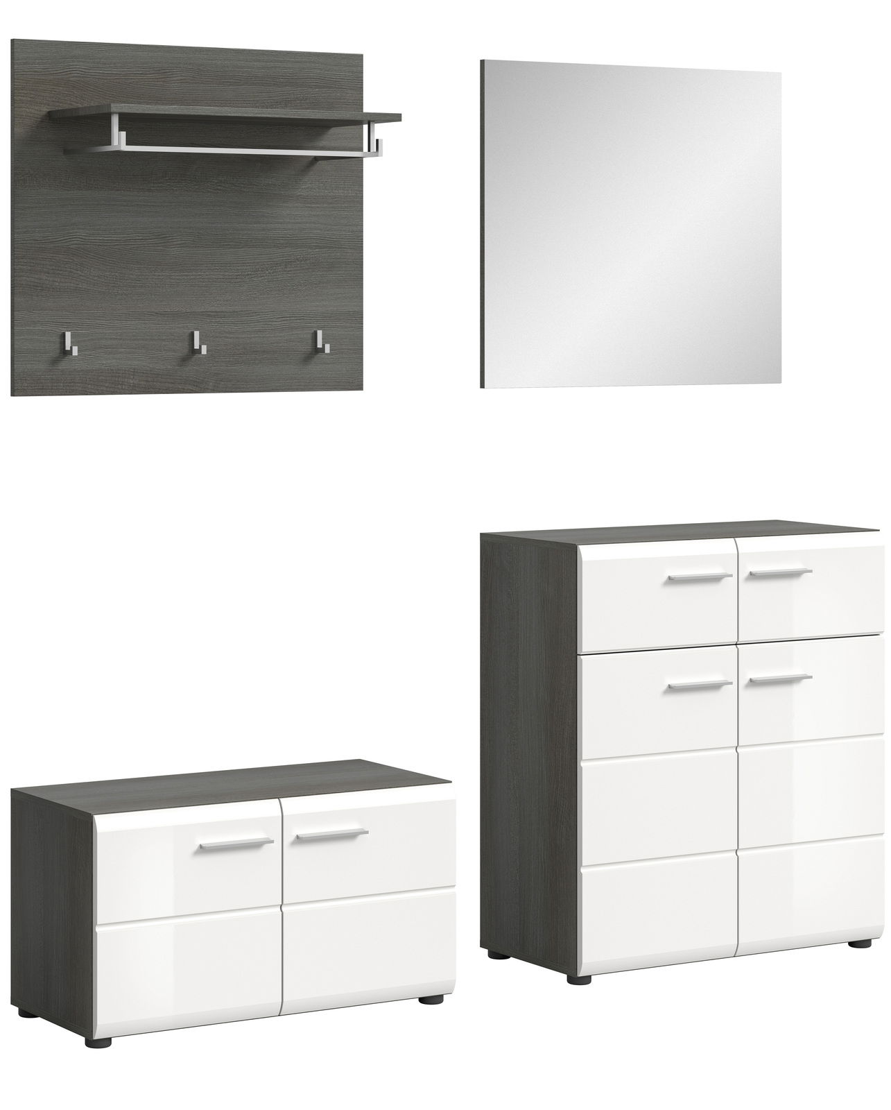 MID.YOU Garderobenkombination SALSA Garderobenkombination bestehend aus einem Wandpaneel mit Haken und Ablage, einem Spiegel, einer niedrigen Kommode und einer hohen Kommode, in moderner Perspektive.