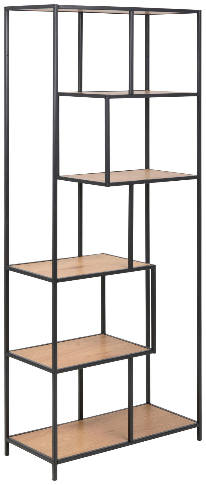Modernes Regal mit schwarzem Metallrahmen und Holzböden, seitliche Perspektive