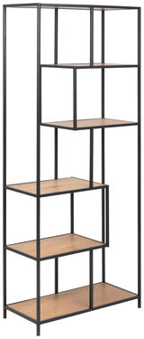 Modernes Regal mit schwarzem Metallrahmen und Holzböden, seitliche Perspektive