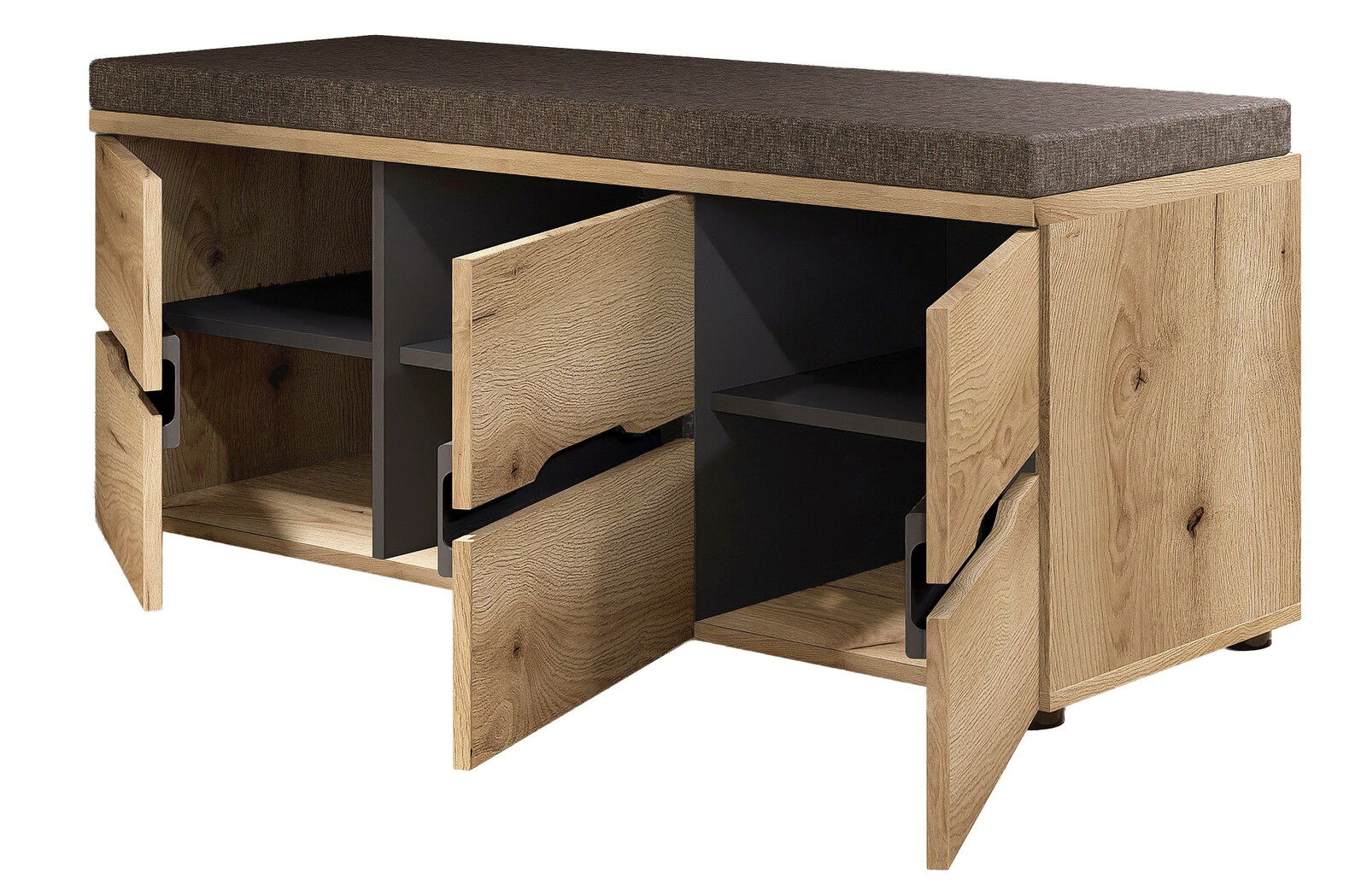 Garderobenbank mit Holzoptik und gepolsterter Sitzfläche, offene Türen, seitliche Perspektive