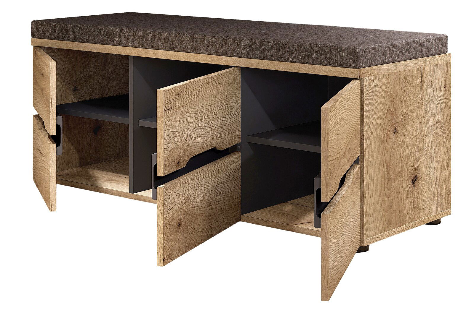 Garderobenbank mit Holzoptik und gepolsterter Sitzfläche, offene Türen, seitliche Perspektive