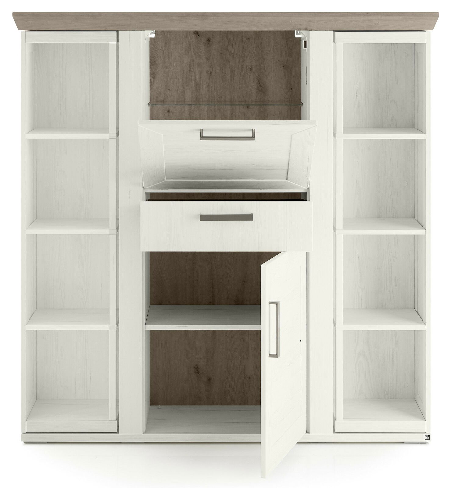 Frontansicht eines weißen Highboards mit Karussell, offenen Regalen und Schubladen.