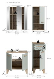 Maßgrafik eines Badezimmerschranks/Badmöbels in Weiß mit Holzoptik-Deckplatte und Holzgriffen, Türen teils geöffnet, mit eingezeichneten Maßen (u. a. 60 cm Breite, 68/87 cm Höhe, 34 cm Tiefe) und Belastungsangaben; Perspektive: frontale Ansicht mit leicht