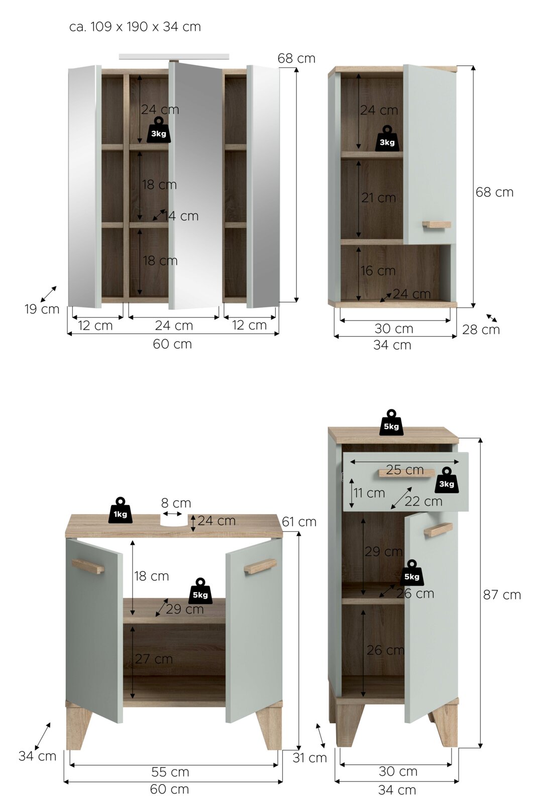 Maßgrafik eines Badezimmerschranks/Badmöbels in Weiß mit Holzoptik-Deckplatte und Holzgriffen, Türen teils geöffnet, mit eingezeichneten Maßen (u. a. 60 cm Breite, 68/87 cm Höhe, 34 cm Tiefe) und Belastungsangaben; Perspektive: frontale Ansicht mit leicht