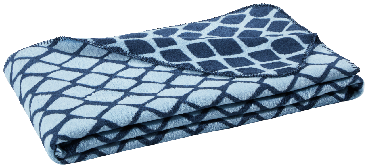 Gefaltete Wohndecke mit blauem Rautenmuster, seitliche Perspektive