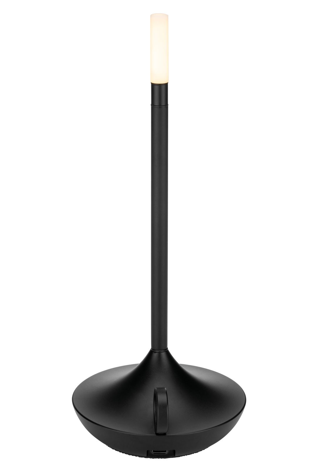 Schwarze Akku-Tischleuchte mit schlankem Design, seitliche Perspektive