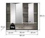 Spiegelschrank mit drei Türen, frontalansicht, Maße 80 cm Breite, 68 cm Höhe, 19 cm Tiefe, mit Innenregalen und einer Belastbarkeit von 5 kg.