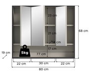 Spiegelschrank mit drei Türen, frontalansicht, Maße 80 cm Breite, 68 cm Höhe, 19 cm Tiefe, mit Innenregalen und einer Belastbarkeit von 5 kg.