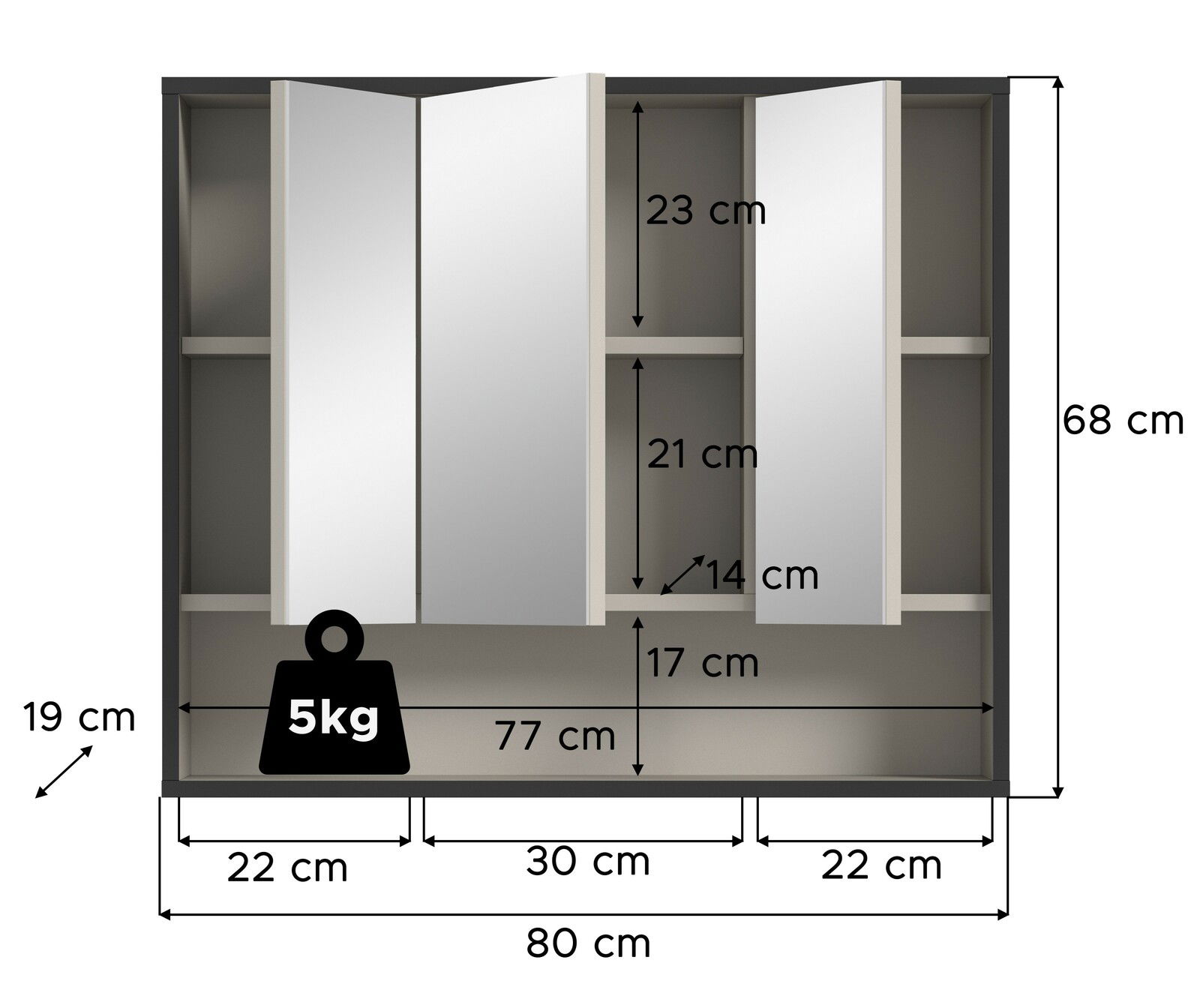 Spiegelschrank mit drei Türen, frontalansicht, Maße 80 cm Breite, 68 cm Höhe, 19 cm Tiefe, mit Innenregalen und einer Belastbarkeit von 5 kg.