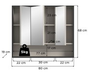 Spiegelschrank mit drei Türen, frontalansicht, Maße 80 cm Breite, 68 cm Höhe, 19 cm Tiefe, mit Innenregalen und einer Belastbarkeit von 5 kg.