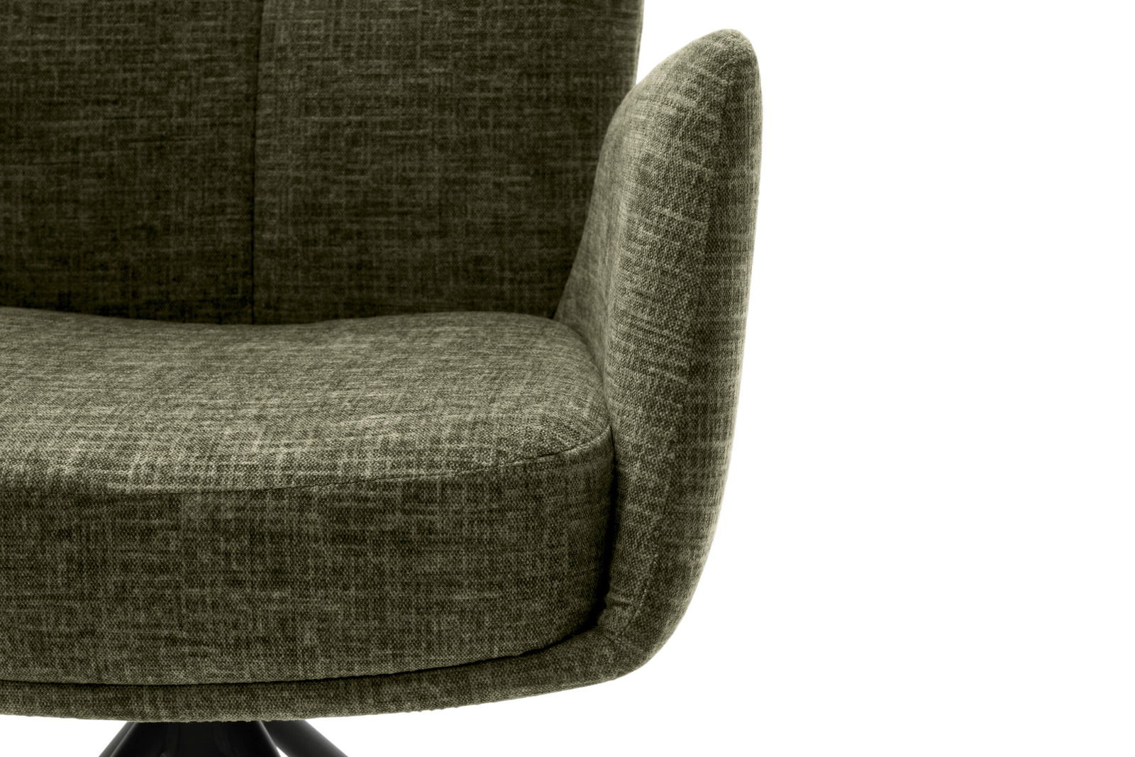 Nahaufnahme eines grünen Sessels mit Stoffbezug, seitliche Perspektive