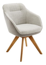 Moderner Sessel mit grauem Stoffbezug und Holzbeinen, seitliche Perspektive