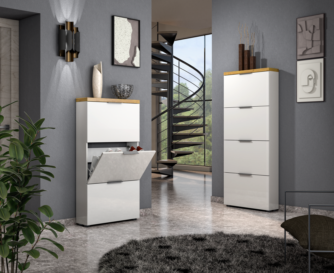 XORA Schuhschrank IDEA Moderner Schuhschrank in Weiß mit Holzdetails, geöffnet, in einem stilvollen Raum mit Treppe im Hintergrund, seitliche Perspektive.