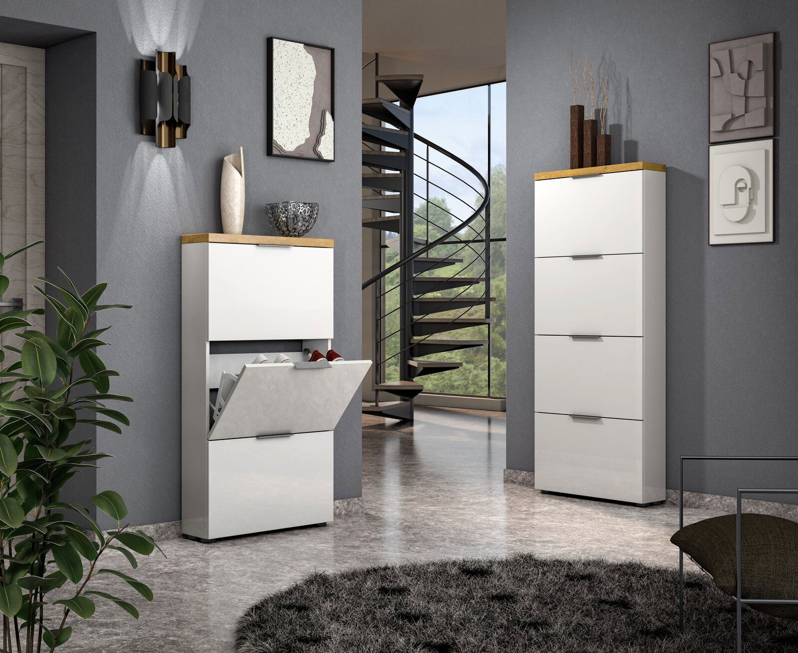 XORA Schuhschrank IDEA Moderner Schuhschrank in Weiß mit Holzdetails, geöffnet, in einem stilvollen Raum mit Treppe im Hintergrund, seitliche Perspektive.