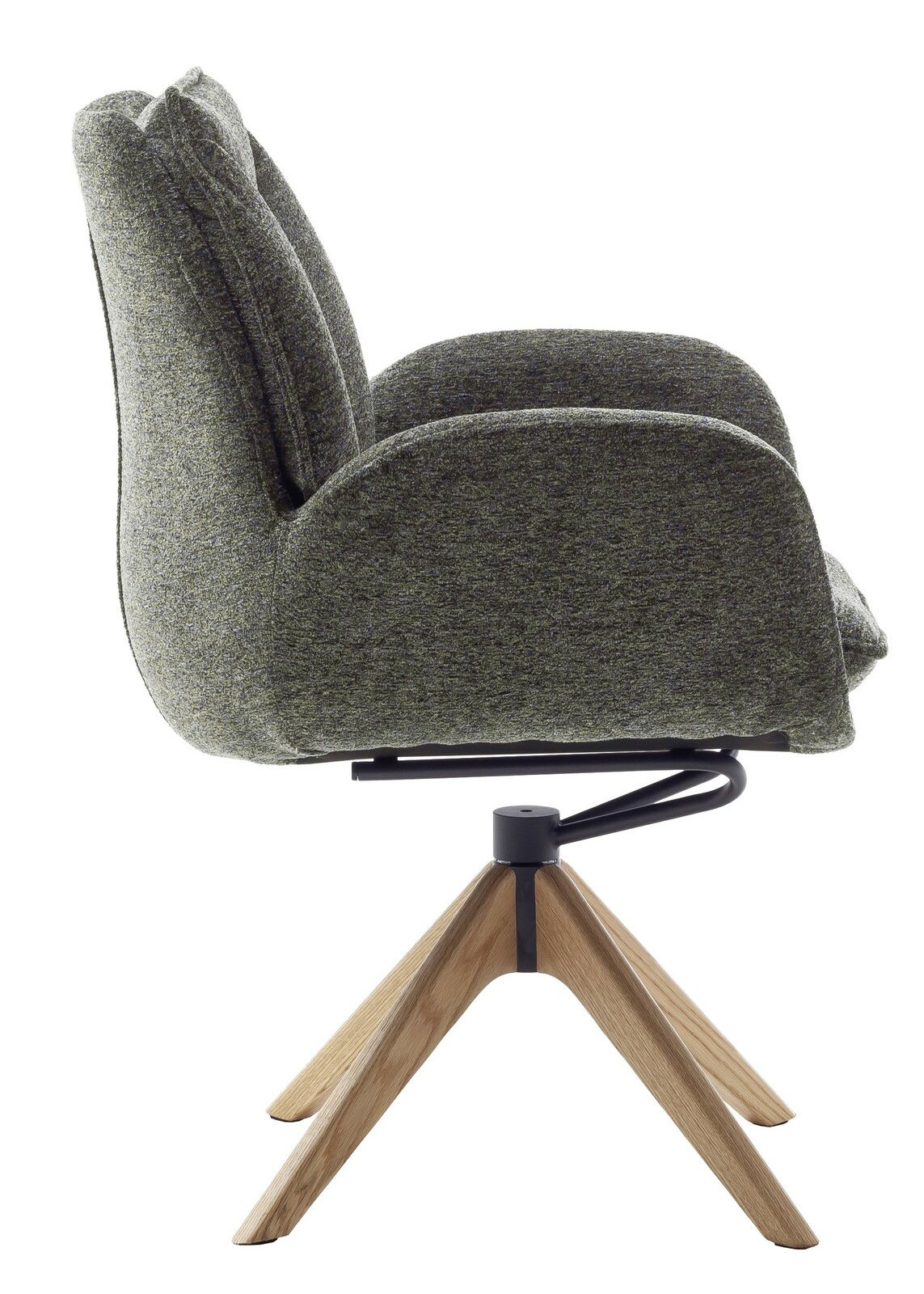 Seitenansicht eines modernen Armlehnstuhls mit grauem Stoffbezug und Holzbeinen.