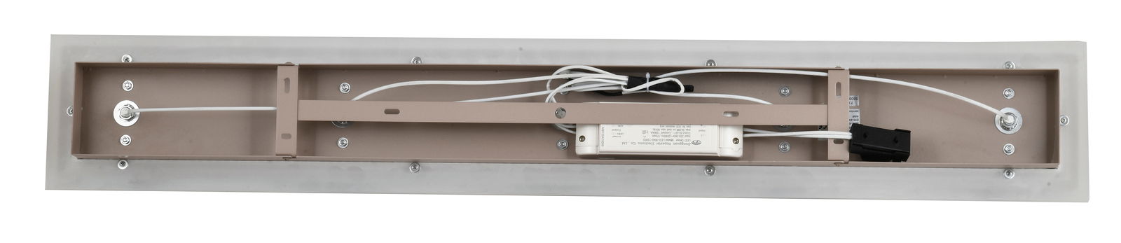 Rückansicht einer rechteckigen LED-Deckenleuchte mit sichtbarer Verkabelung und Befestigungselementen.