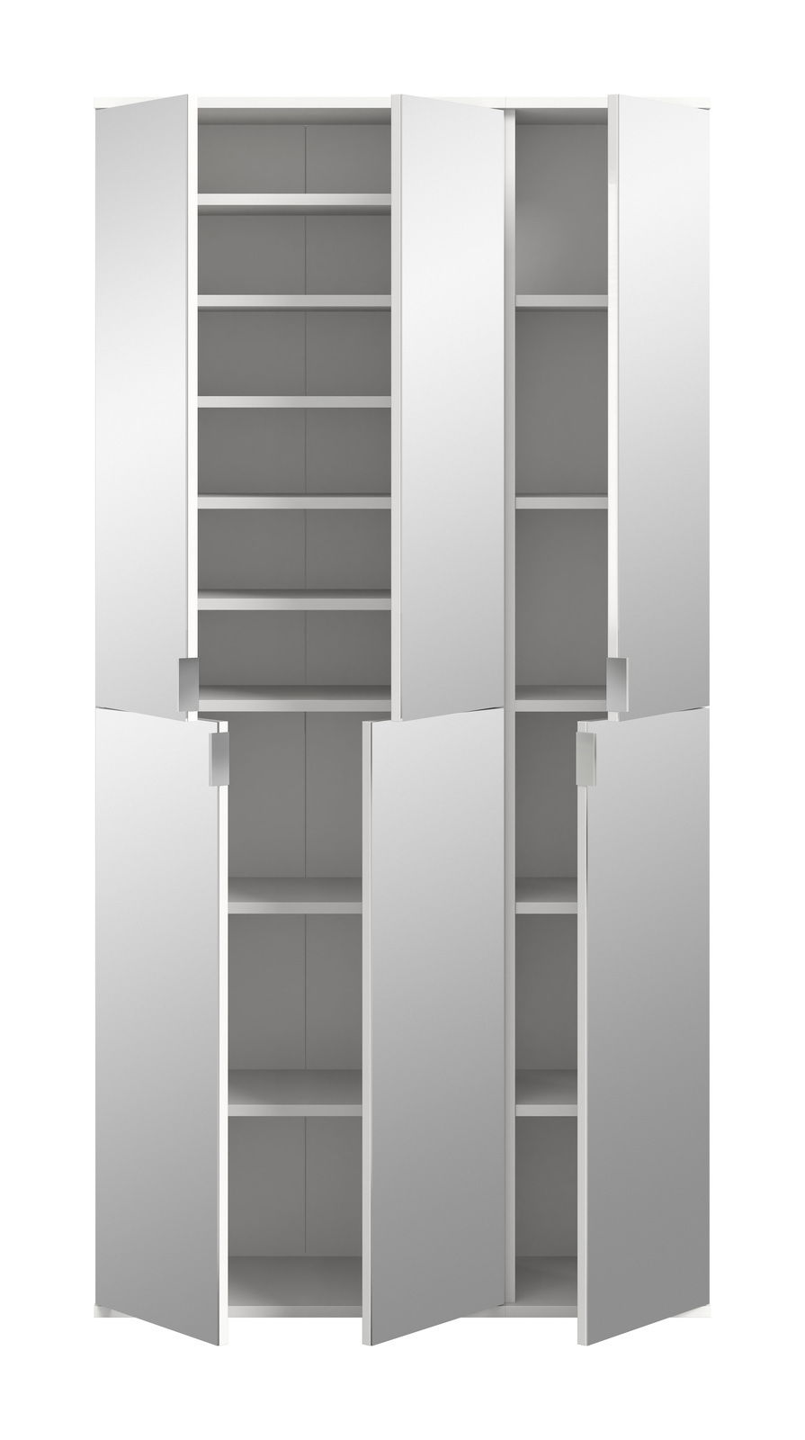 Frontansicht einer weißen Garderobenkombination mit mehreren offenen Türen und Regalböden.