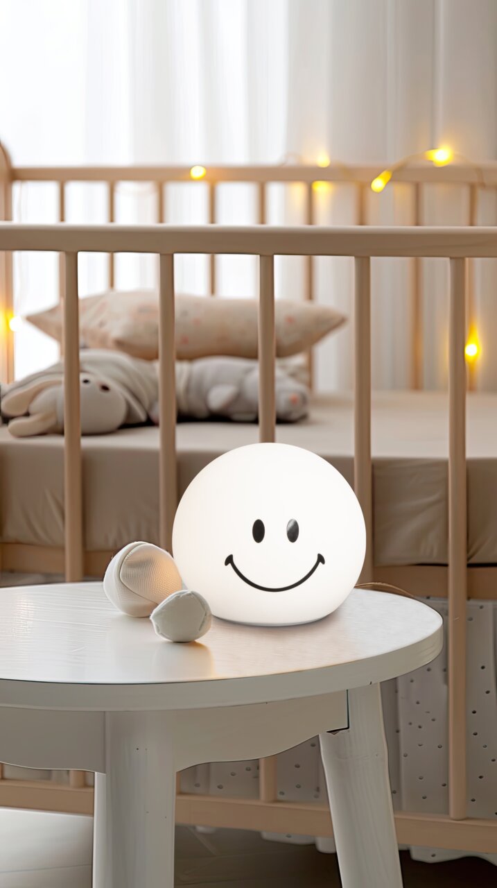 FHL easy Akku-Nachtlicht Smiley GLOWMOJI Smiley-förmiges Akku-Nachtlicht auf einem Tisch vor einem Kinderbett, frontal betrachtet.