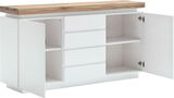 Weißes Sideboard mit Holzplatte, offene Türen und Schubladen, Frontalansicht