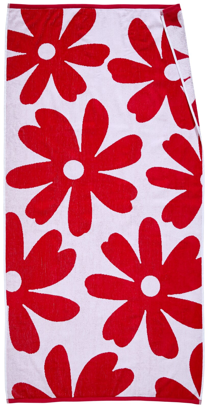 Esposa Strandtuch 90x180cm Frottee-Handtuch/Badetuch mit großem roten Blumenmuster auf weißem Grund, flach von oben (Draufsicht) fotografiert