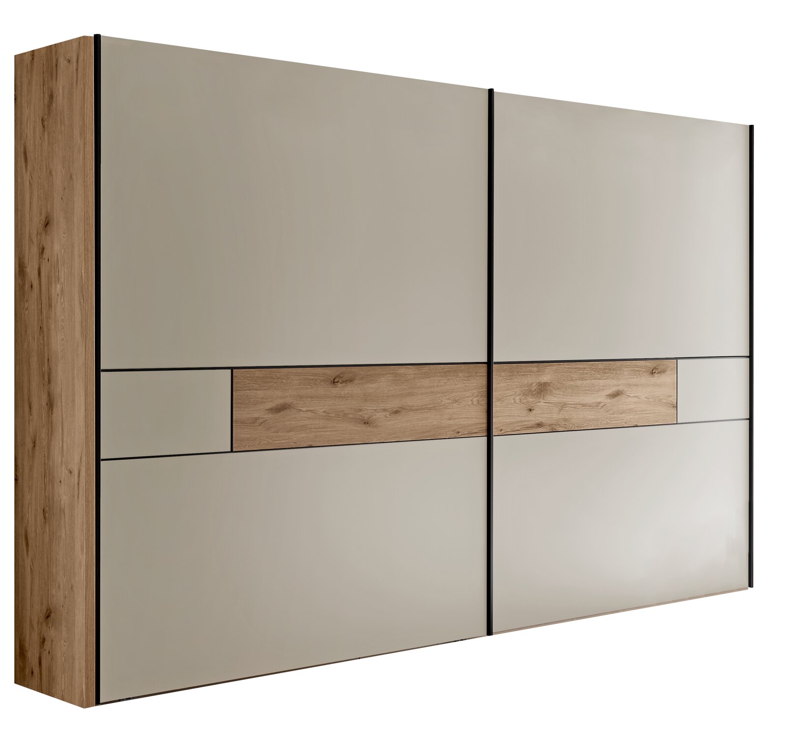 Moderner Kleiderschrank mit Schiebetüren in Beige und Holzoptik, mit horizontalem Holzdekorstreifen und schwarzen Griffleisten, in schräger Frontansicht von links freigestellt auf weißem Hintergrund.
